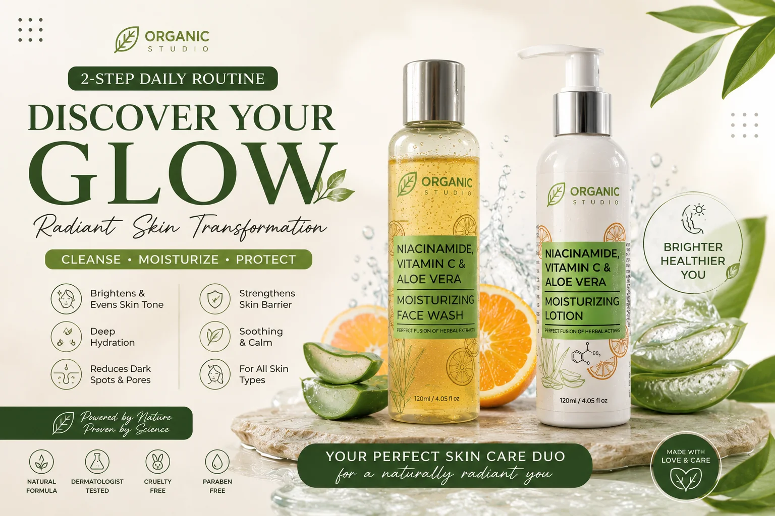 2-step daily skin care routine with Vitamin C face wash and Niacinamide moisturizing lotion