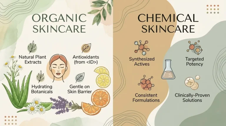Organic vs chemical skin care comparison showing natural plant extracts, hydrating botanicals, and synthetic skincare ingredients