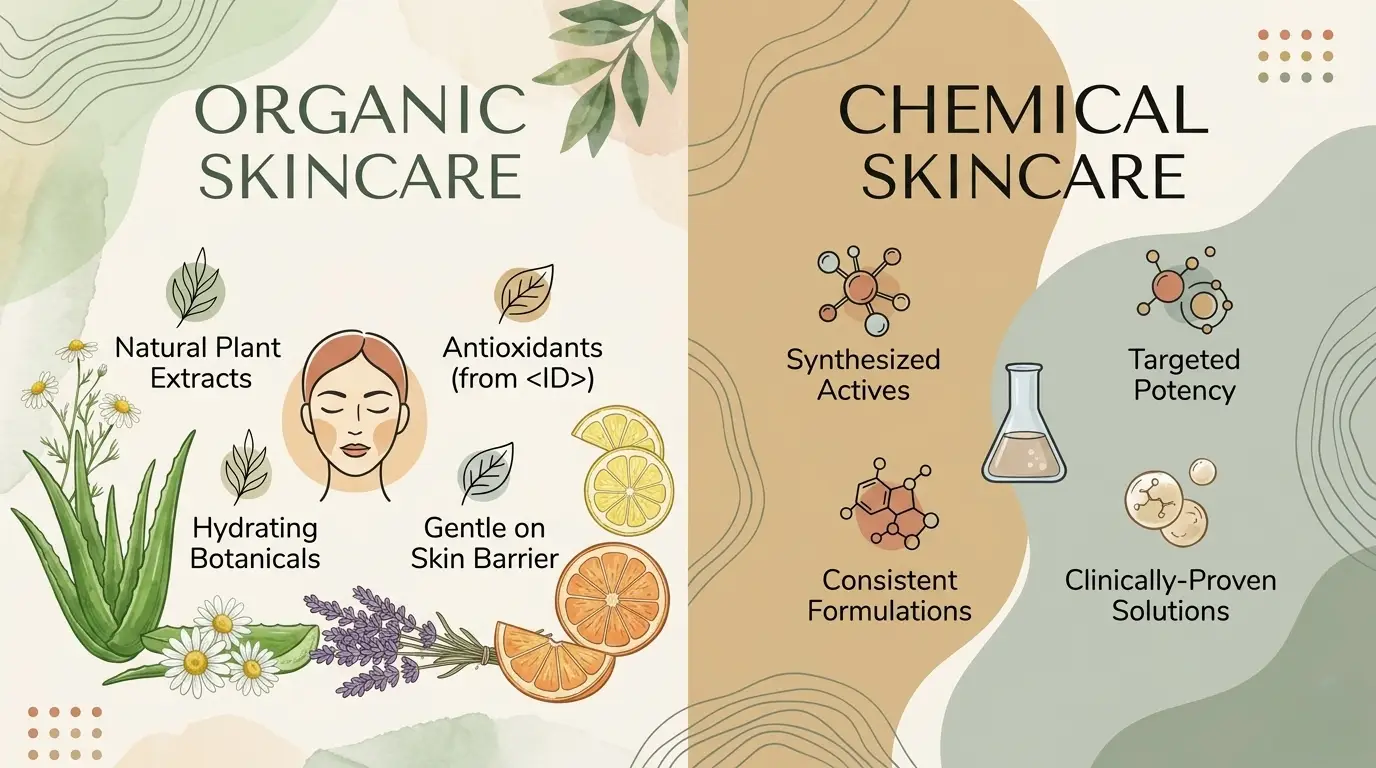 Organic vs chemical skin care comparison showing natural plant extracts, hydrating botanicals, and synthetic skincare ingredients