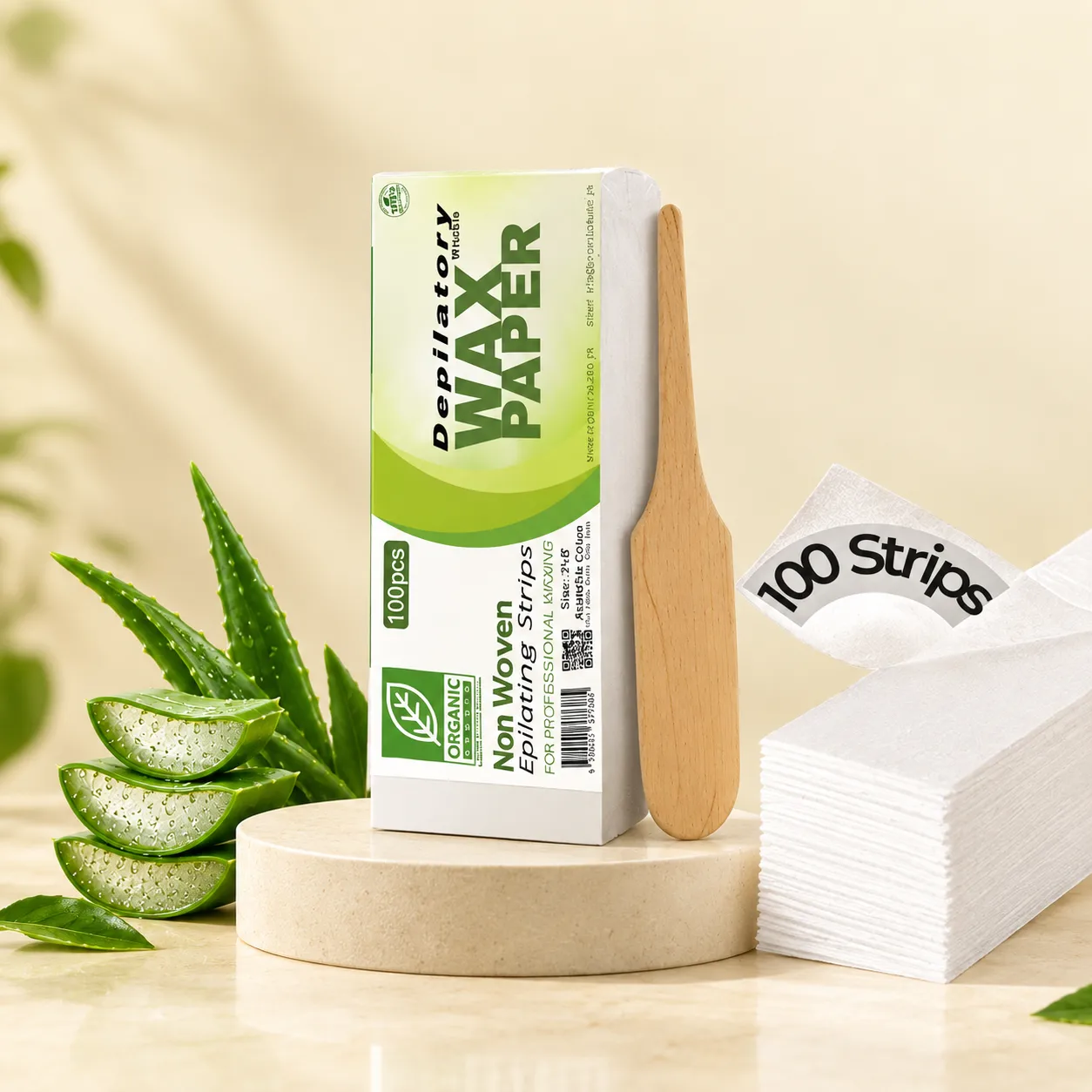 Organic Studio depilatory wax strips with wooden spatula for easy at-home hair removal