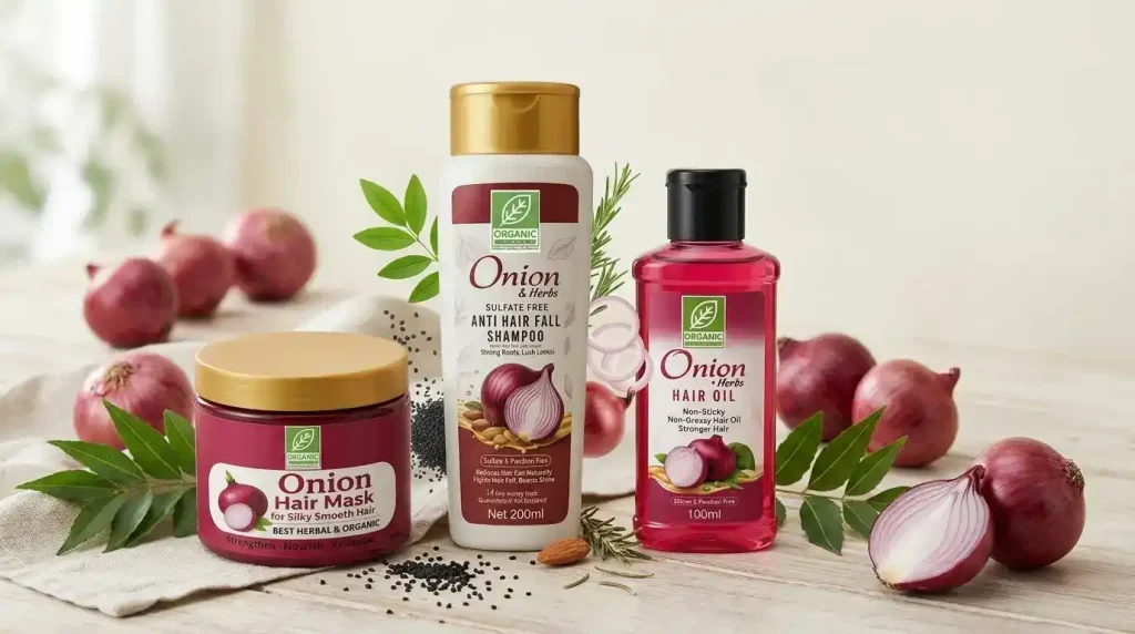 Organic Studio Sulfate & Paraben Free Onion Trio Kit featuring onion hair oil, onion shampoo, and onion hair mask for stronger, healthier hair.