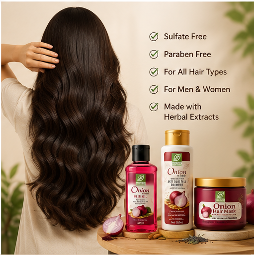 Long, soft, shiny hair showcased alongside the Organic Studio Onion Trio Kit in a natural botanical setting.