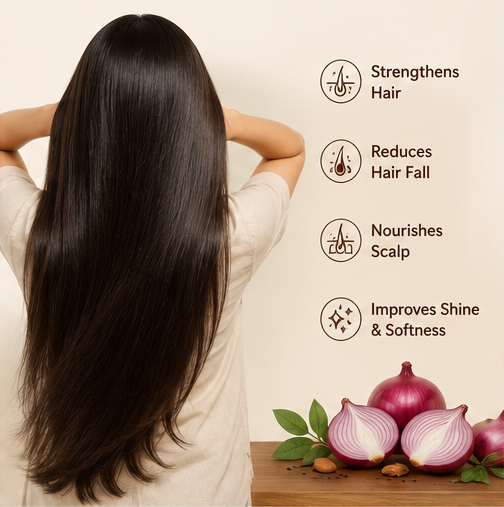 Long, thick, shiny hair representing the results of a complete botanical hair care routine with Organic Studio Onion Trio Kit.