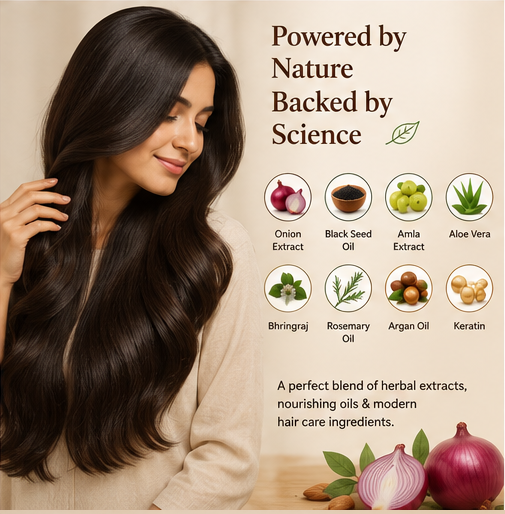 Botanical ingredients including onion extract, black seed oil, rosemary, aloe vera, amla, bhringraj, argan oil, and keratin used in Organic Studio Onion Trio Kit.
