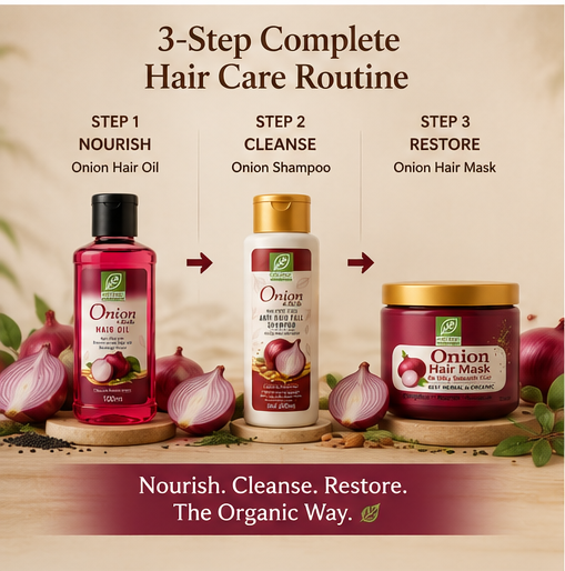 Three-step Organic Studio hair care routine featuring Onion Hair Oil, Sulfate-Free Onion Shampoo, and Onion Hair Mask.