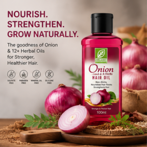 Organic Studio Onion Hair Oil 100ml displayed with fresh onions and herbal ingredients in a premium natural setting for healthier-looking hair.