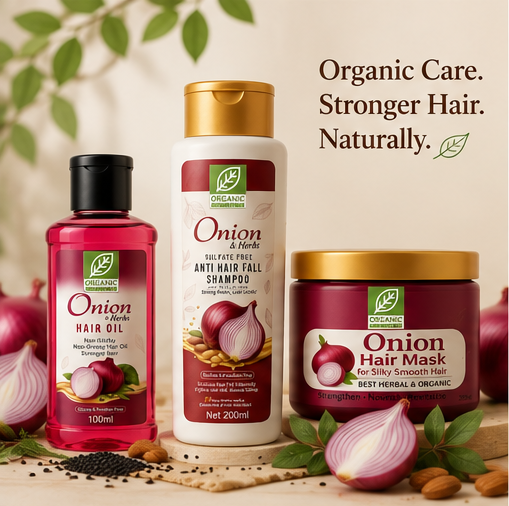 Organic Studio Onion Trio Kit featuring Onion Hair Oil, Sulfate-Free Onion Shampoo, and Onion Hair Mask with natural herbal ingredients for healthier-looking hair.