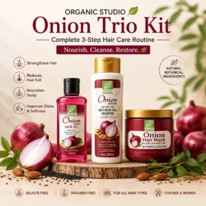 Organic Studio Onion Trio Kit featuring Onion Hair Oil 100ml, Sulfate-Free Onion Shampoo 200ml, and Onion Hair Mask 350ml in a premium botanical setting for healthier-looking hair, scalp nourishment, and complete hair care.
