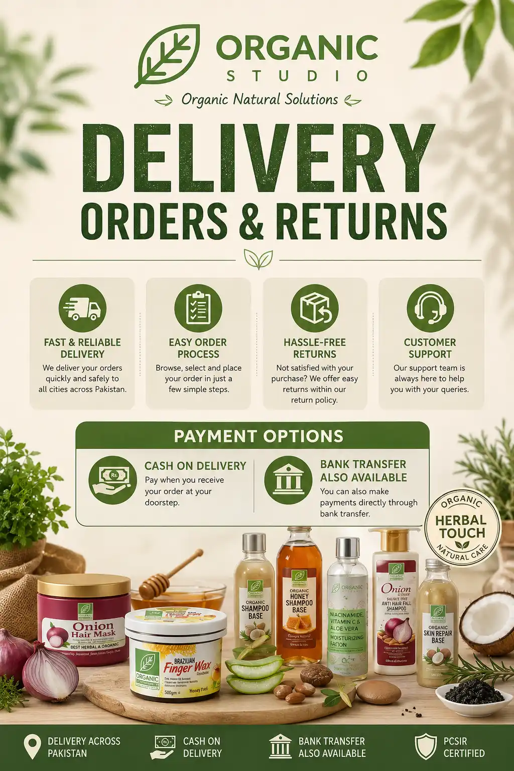 Organic Studio Delivery, Orders & Returns banner showing Cash on Delivery, Bank Transfer, nationwide Pakistan delivery, hassle-free returns, and natural skincare and haircare products.