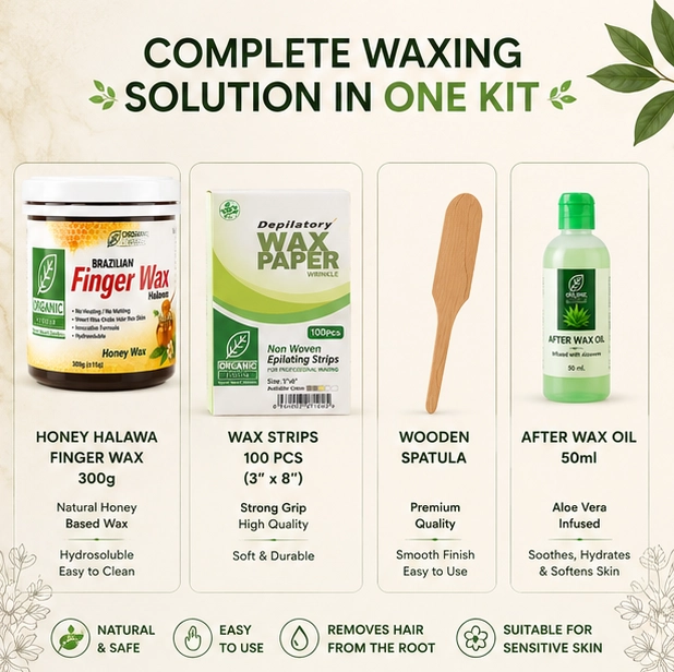 Organic Studio complete waxing solution with Honey Halawa Wax, waxing strips, wooden spatula and After Wax Oil