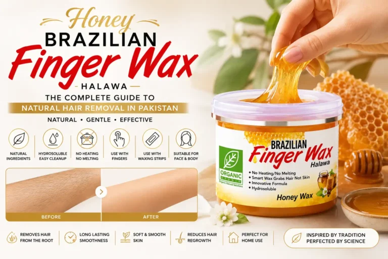 Organic Studio Honey Halawa Finger Wax guide showing natural hair removal wax made with real honey, suitable for face, body, underarms, bikini area, and home waxing in Pakistan.