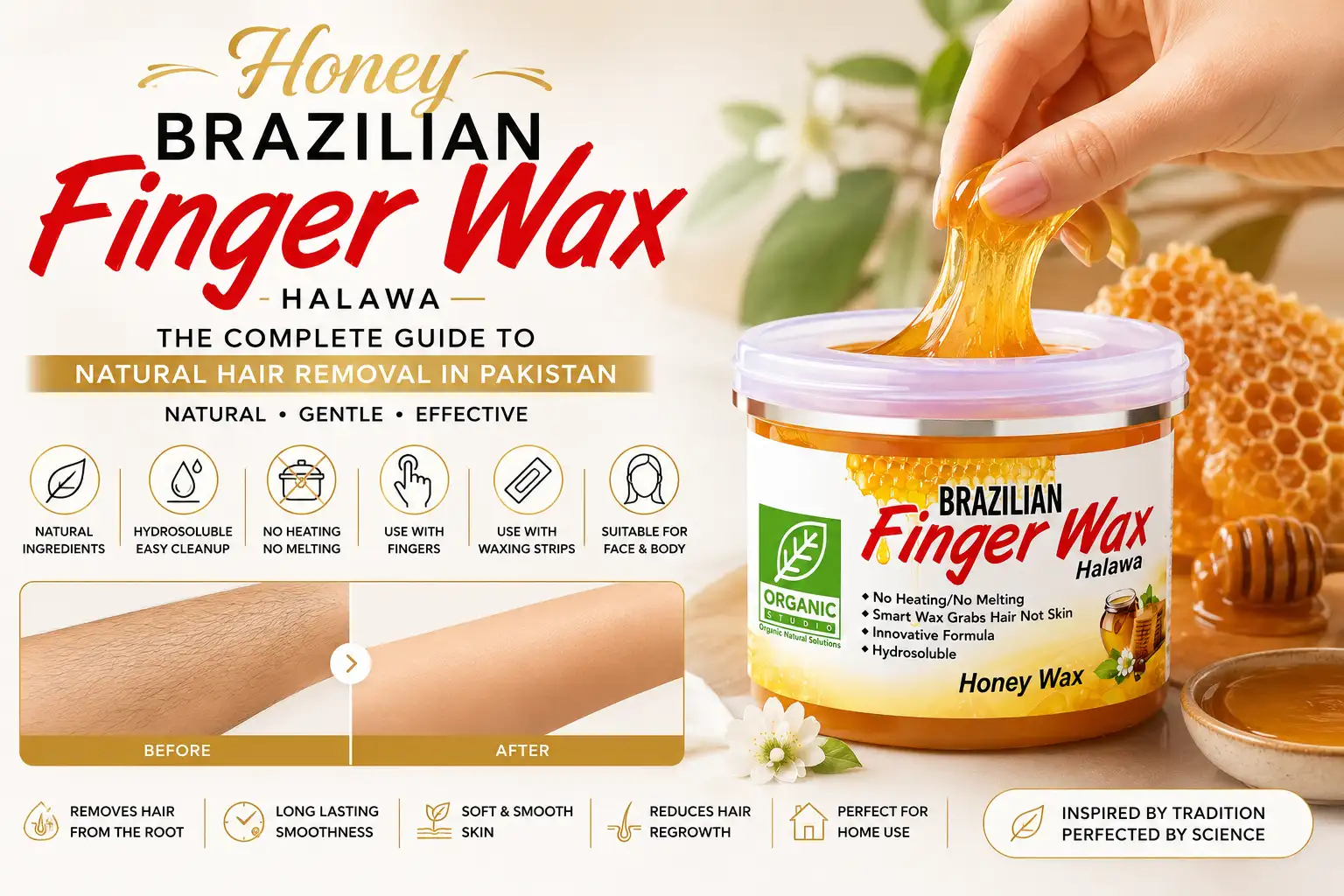 Organic Studio Honey Halawa Finger Wax guide showing natural hair removal wax made with real honey, suitable for face, body, underarms, bikini area, and home waxing in Pakistan.