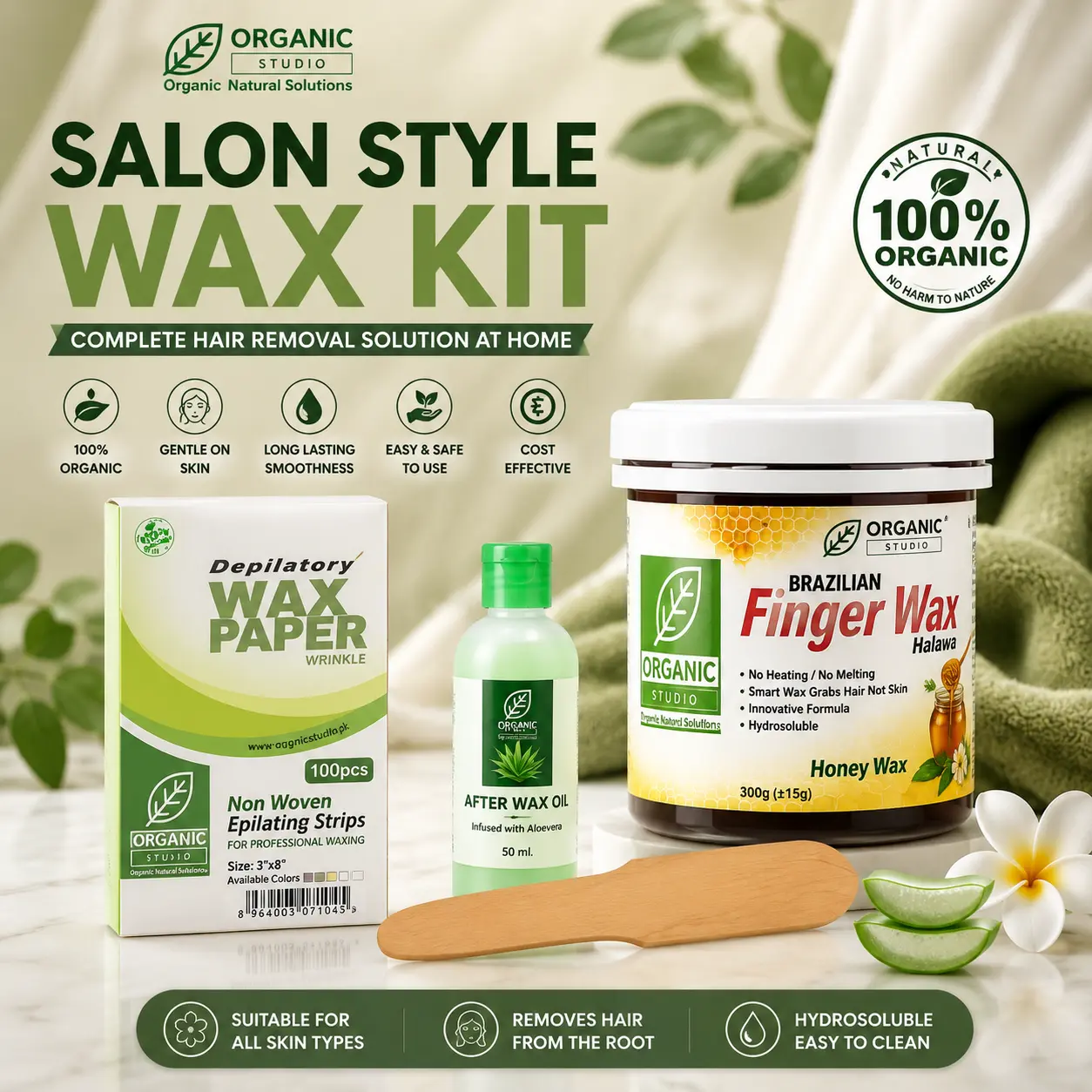 Organic Studio Salon Style Wax Kit with Honey Halawa Finger Wax, waxing strips, wooden spatula and After Wax Oil