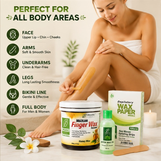 Organic Studio Salon Style Wax Kit contents with 300g Honey Halawa Wax, 100 waxing strips, wooden spatula and 50ml After Wax Oil