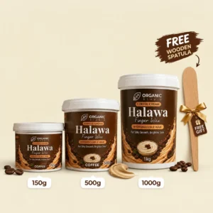 Organic Studio coffee cream halawa finger wax in 150g, 500g, and 1000g jars with free wooden spatula gift