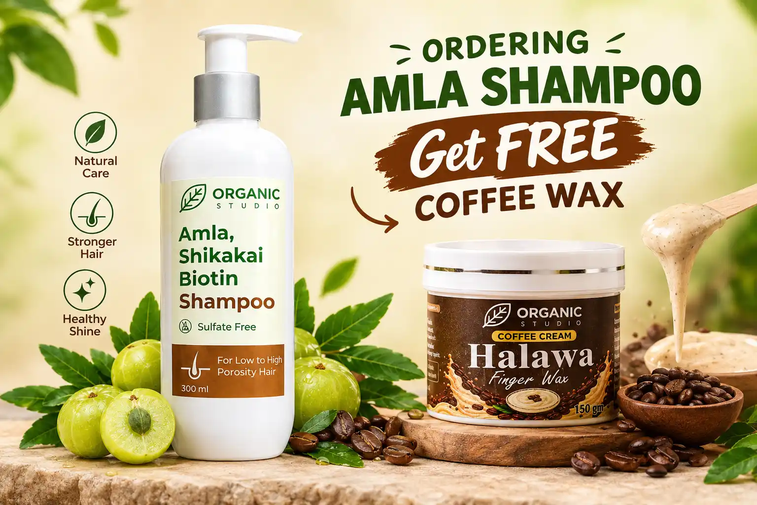 Promotional banner free coffee wax with amla shikakai biotin shampoo webp'